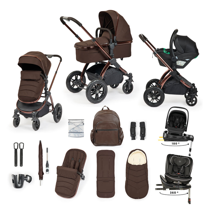 Ickle Bubba Stomp Luxe Elements Edition 16 Piece Travel Bundle with Nimbus i-Size 180° Spin and Radial i-Size Plus 360° Spin Car Seats & ISOFIX Bases, Chestnut - image 1