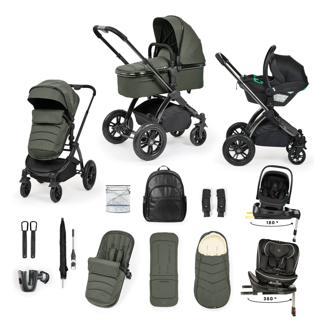 Ickle Bubba Stomp Luxe Elements Edition 16 Piece Travel Bundle with Nimbus i-Size 180° Spin and Radial i-Size Plus 360° Spin Car Seats & ISOFIX Bases, Forest - image 1