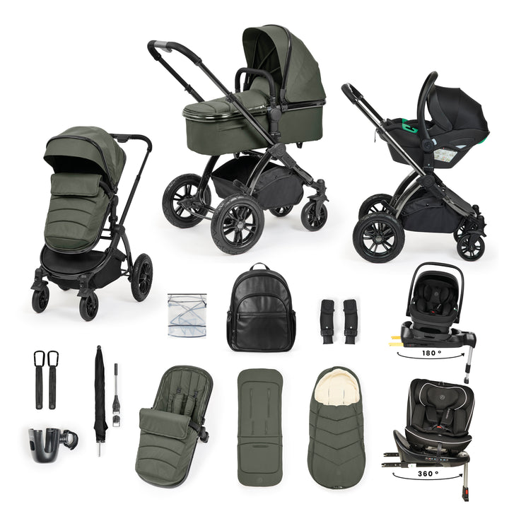 Ickle Bubba Stomp Luxe Elements Edition 16 Piece Travel Bundle with Nimbus i-Size 180° Spin and Radial i-Size Plus 360° Spin Car Seats & ISOFIX Bases, Forest - image 1