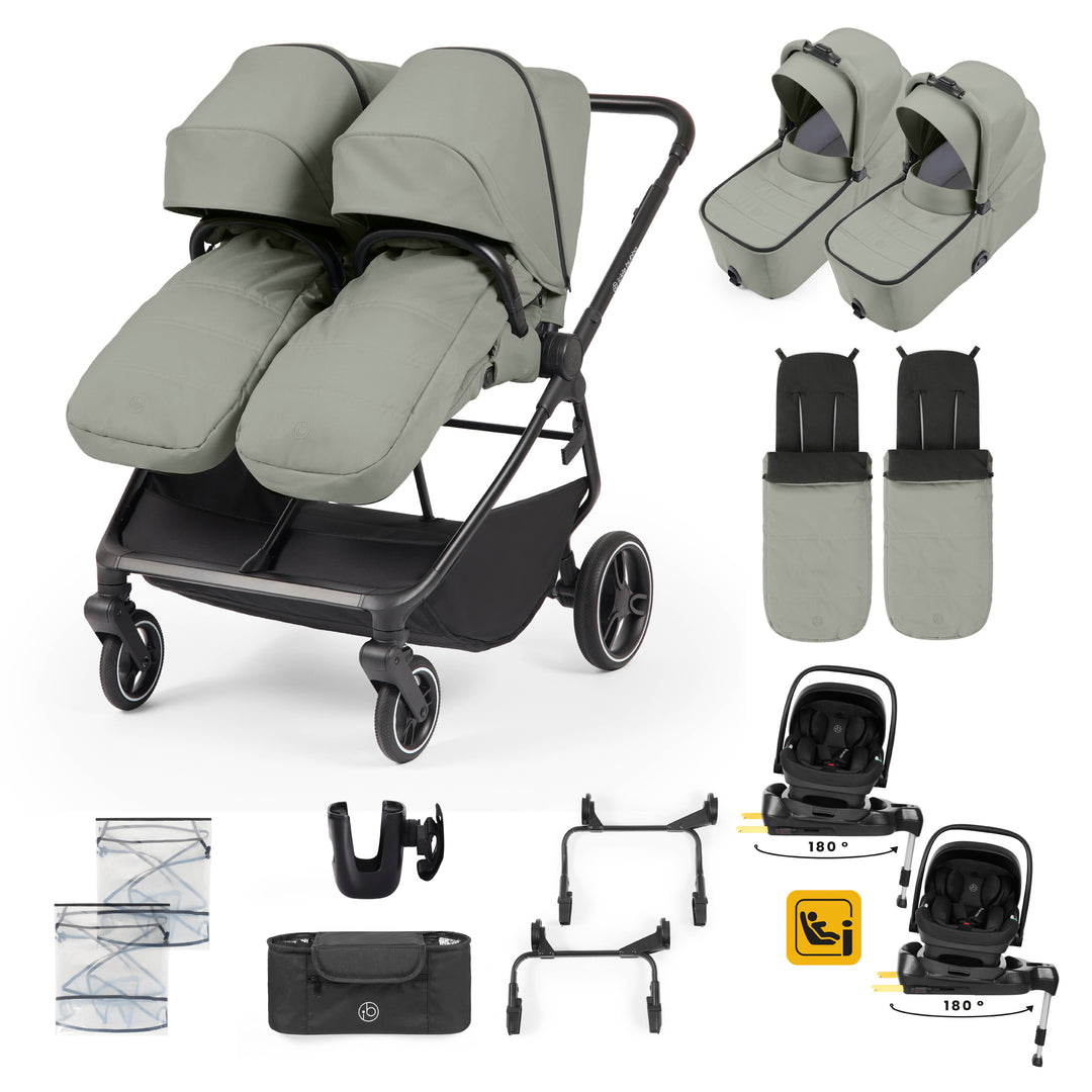 Ickle Bubba Altair Twin 17 Piece Travel System with i-Size Nimbus 180 Spin Car Seats & ISOFIX Bases, Laurel Green - image 1