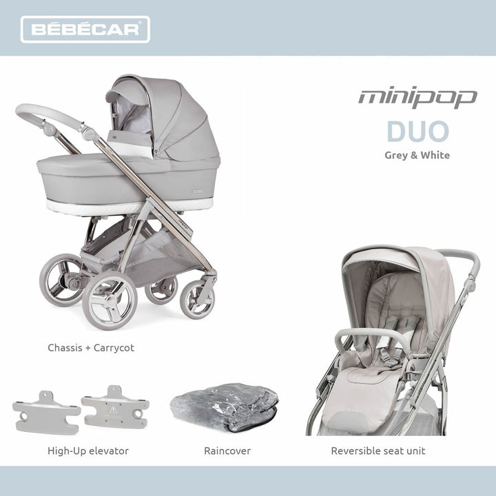 Bebecar Minipop Duo 2 in 1 Pram + Raincover, Silver Grey