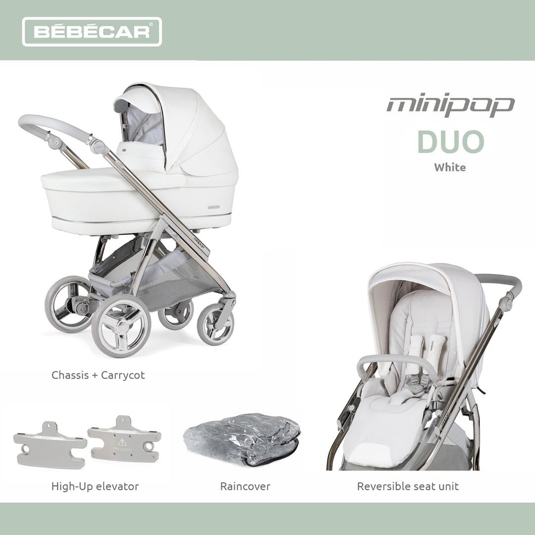 Bebecar Minipop Duo 2 in 1 Pram + Raincover, White Delight