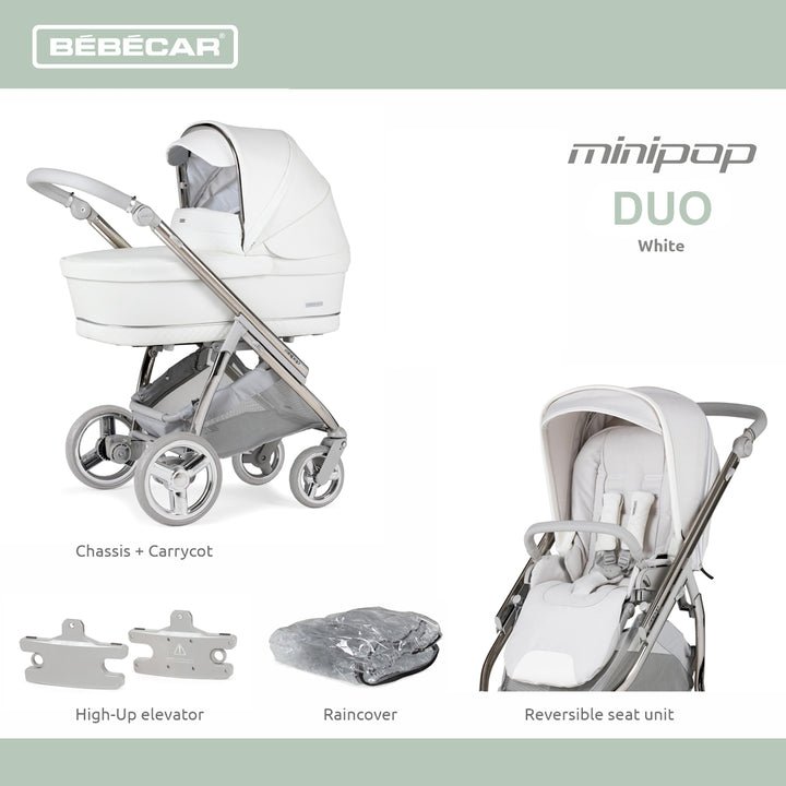Bebecar Minipop Duo 2 in 1 Pram + Raincover, White Delight