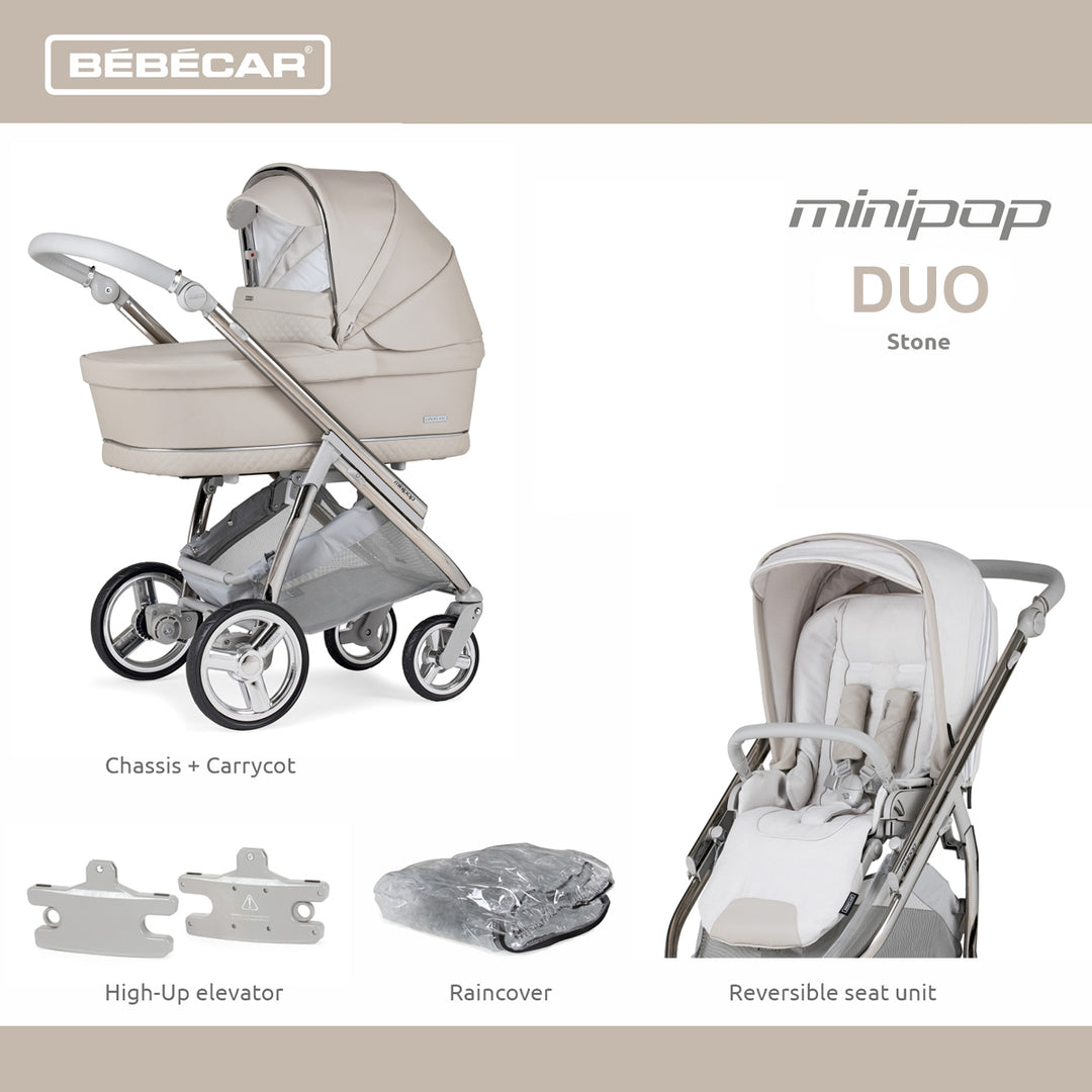 Bebecar Minipop Duo 2 in 1 Pram + Raincover, Stone