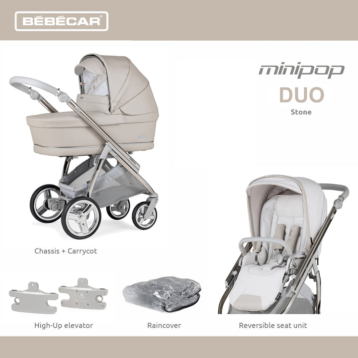 Bebecar Minipop Duo 2 in 1 Pram + Raincover, Stone