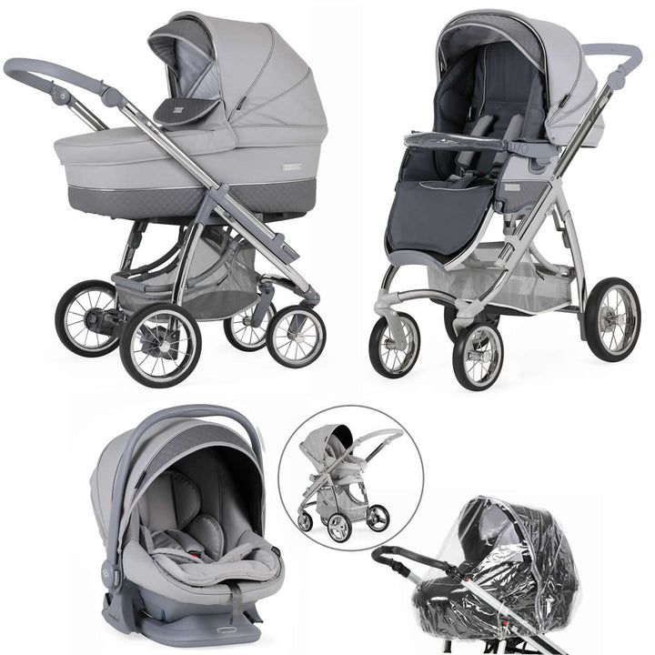 Bebecar Ip-Op Classic XL Trio 3 in 1 Travel System + Lie Flat Car Seat + FREE Changing Bag, Pewter