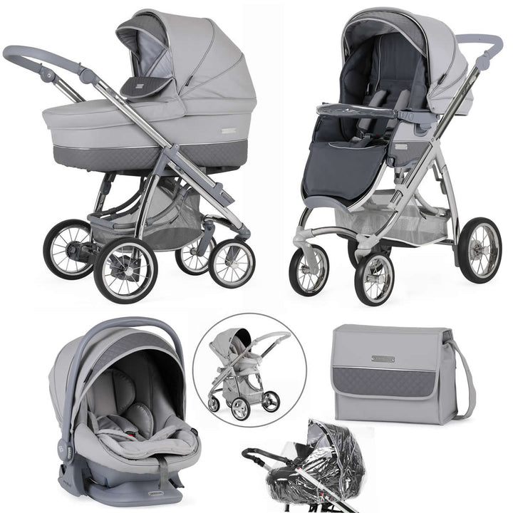 Bebecar Ip-Op Classic XL Trio 3 in 1 Travel System + Lie Flat Car Seat, FREE Changing Bag, Pewter