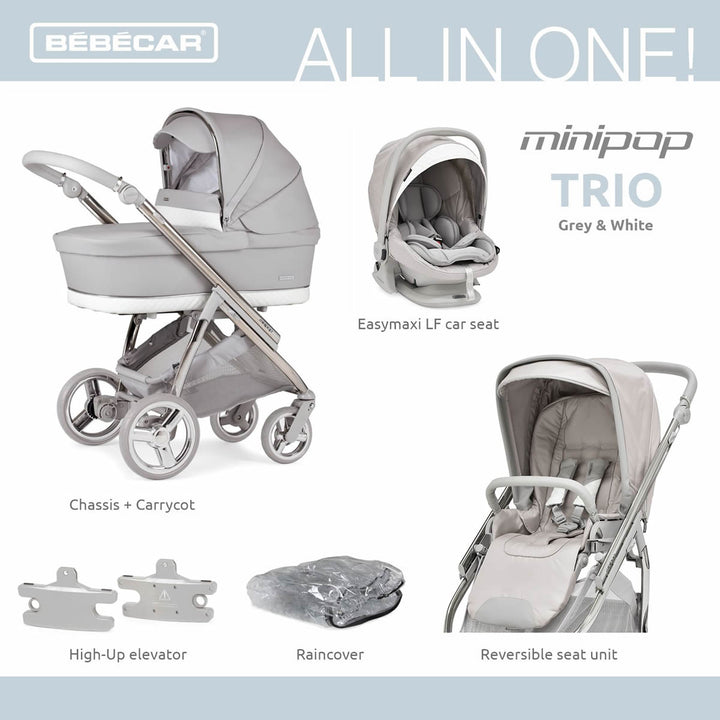 Bebecar Minipop Trio 3 in 1 Travel System + Lie Flat Car Seat, Silver Grey
