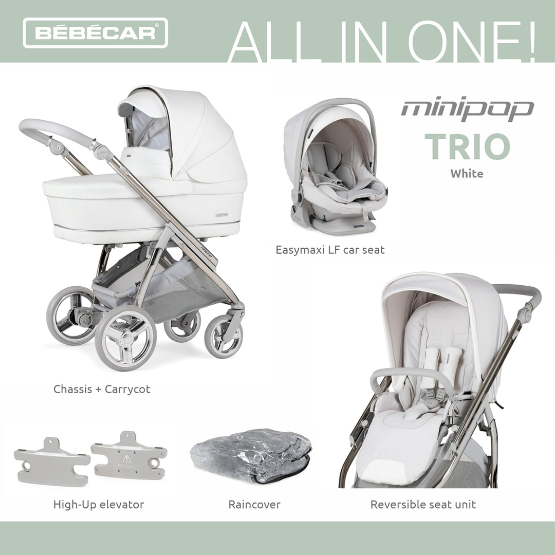 Bebecar Minipop Trio 3 in 1 Travel System + Lie Flat Car Seat, White Delight