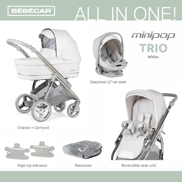 Bebecar Minipop Trio 3 in 1 Travel System + Lie Flat Car Seat, White Delight