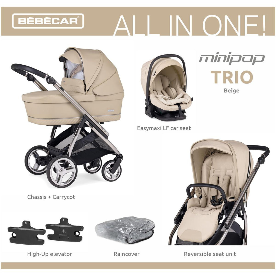 Bebecar Minipop Trio 3 in 1 Travel System + Lie Flat Car Seat, Beige