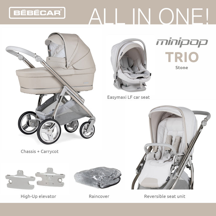 Bebecar Minipop Trio 3 in 1 Travel System + Lie Flat Car Seat, Stone