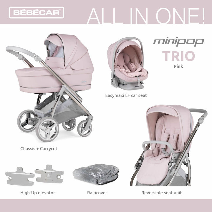 Bebecar Minipop Trio 3 in 1 Travel System + Lie Flat Car Seat, Pink