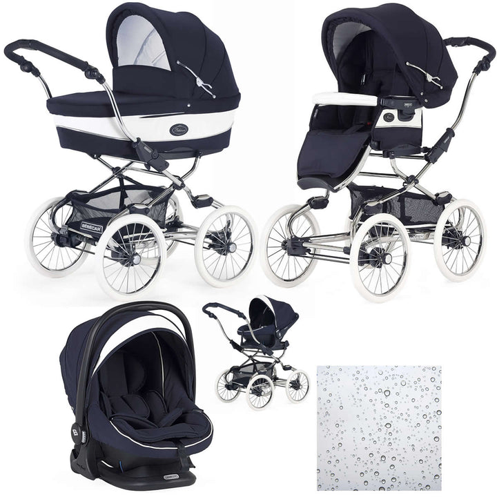 Bebecar Stylo Class+ Classic Pram + Lie Flat Car Seat Travel System + Raincover, Oxford Blue