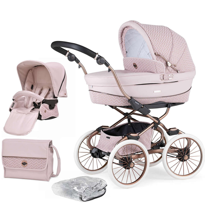 Bebecar Prive Stylo Class+ 2 in 1 Pram + Raincover, FREE Changing Bag, Woven Pink