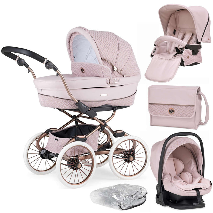 Bebecar Prive Stylo Class+ Pram + i-Size Car Seat Travel System + Raincover, FREE Changing Bag, Woven Pink