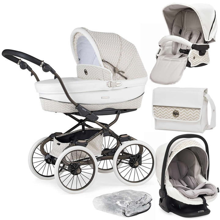 Bebecar Prive Stylo Class+ Pram + i-Size Car Seat Travel System + Raincover, FREE Changing Bag, Woven White