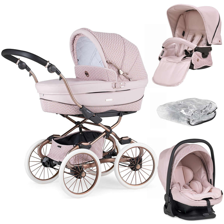 Bebecar Prive Stylo Class+ Pram + i-Size Car Seat Travel System + Raincover + FREE Changing Bag, Woven Pink