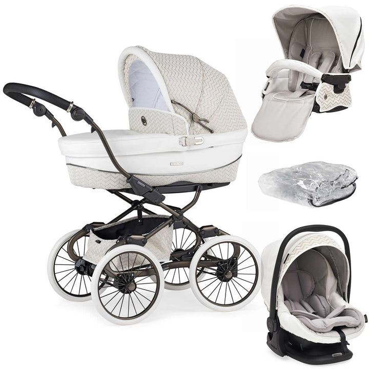 Bebecar Prive Stylo Class+ Pram + i-Size Car Seat Travel System + Raincover + FREE Changing Bag, Woven White