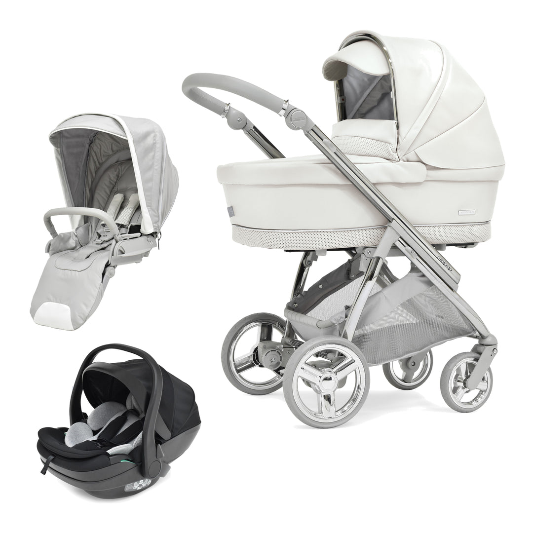 Bebecar Minipop Duo 2 in 1 Pram + New Aurea Car Seat Travel System + Raincover, Porcelaine
