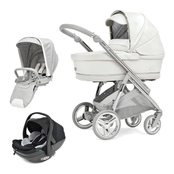 Bebecar Minipop Duo 2 in 1 Pram + New Aurea Car Seat Travel System + Raincover, Porcelaine
