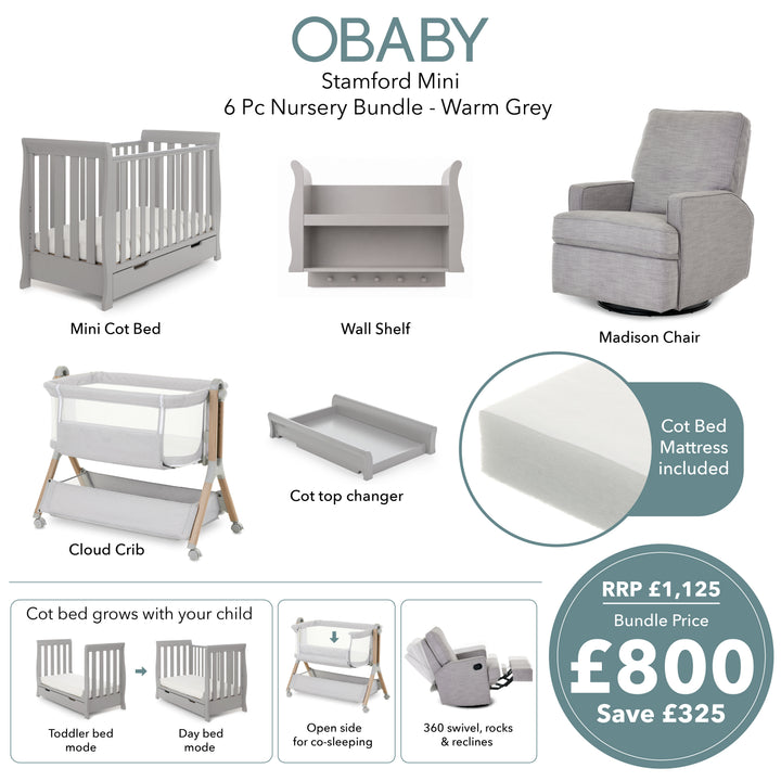 Obaby Stamford Mini 6 Piece Nursery Bundle – Warm Grey