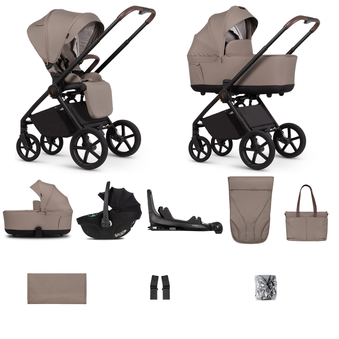 Venicci Claro 2 - 3 in 1 + Base Complete Travel System Bundle, Almond - complete bundle