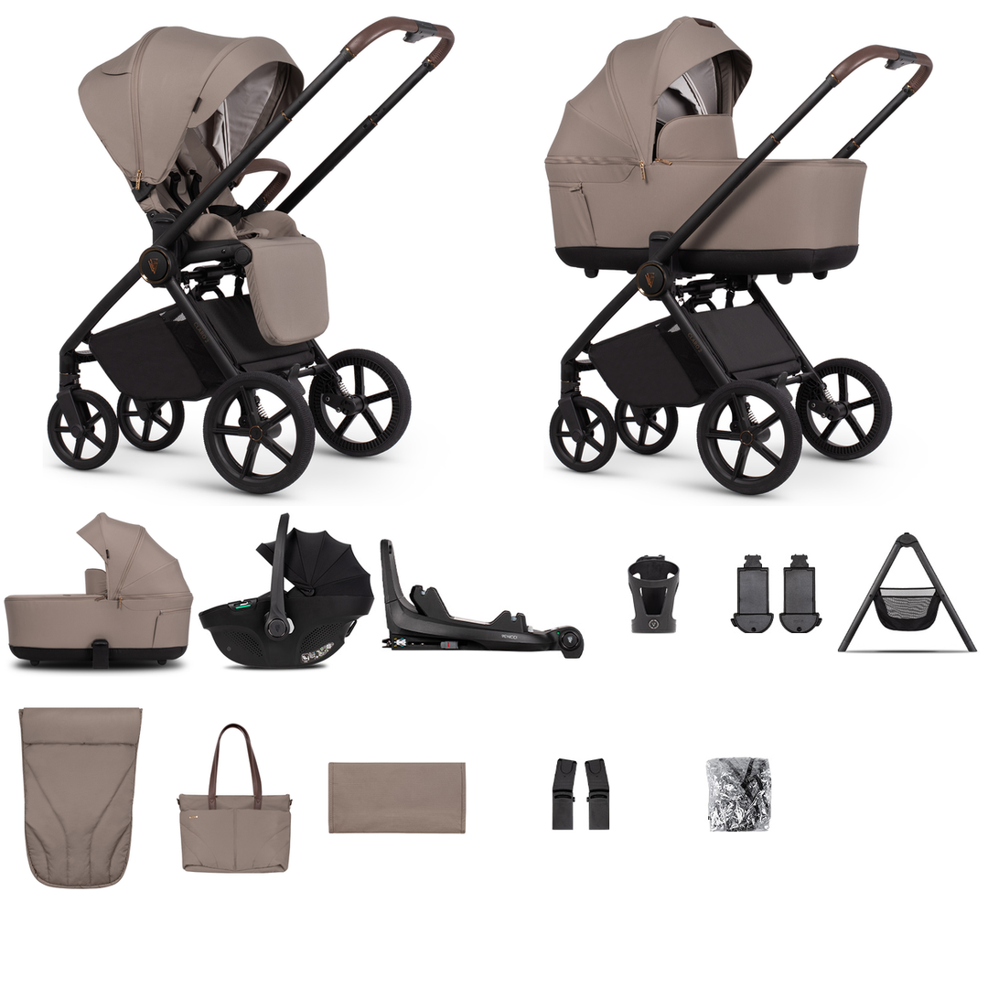 Venicci Claro 2 - 3 in 1 + Base Ultimate Travel System Bundle - 13 Piece, Almond - complete bundle