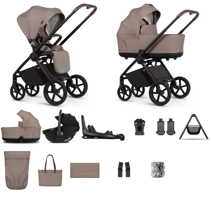 Venicci Claro 2 - 3 in 1 + Base Ultimate Travel System Bundle - 13 Piece, Almond - complete bundle