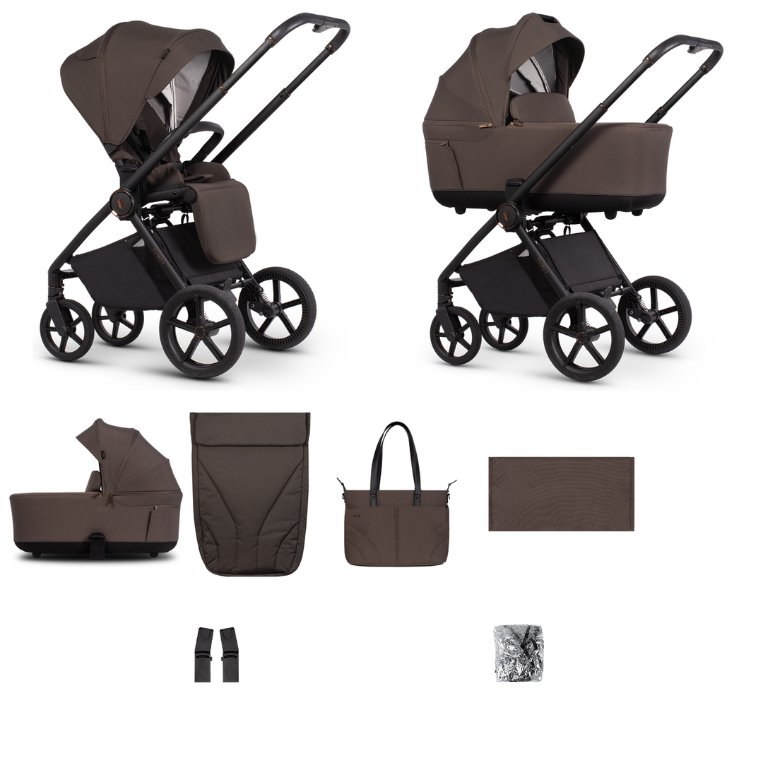 Venicci Claro 2 - 2 in 1 Pram - 8 Piece Bundle, Chocolate - complete bundle