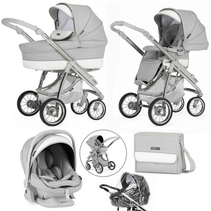 Bebecar Ip-Op Classic XL Trio 3 in 1 Travel System + Lie Flat Car Seat, FREE Changing Bag, Silver Grey