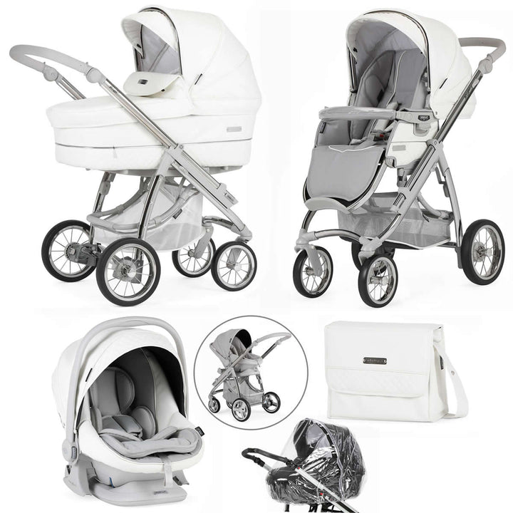 Bebecar Ip-Op Classic XL Trio 3 in 1 Travel System + Lie Flat Car Seat, FREE Changing Bag, White Delight