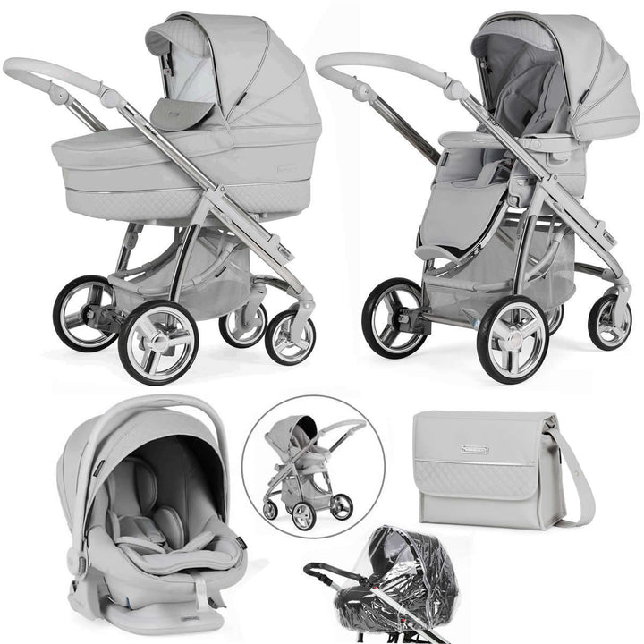 Bebecar Ip-Op Classic XL Trio 3 in 1 Travel System + Lie Flat Car Seat, FREE Changing Bag, Polished Pebble