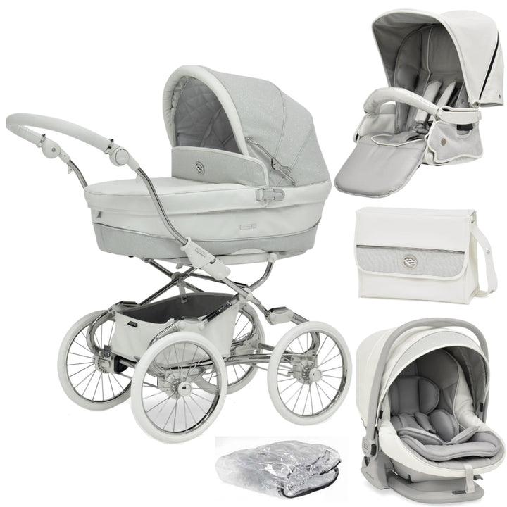 Bebecar Prive Stylo Class+ Pram + i-Size Car Seat Travel System + Raincover, FREE Changing Bag, White Sparkle
