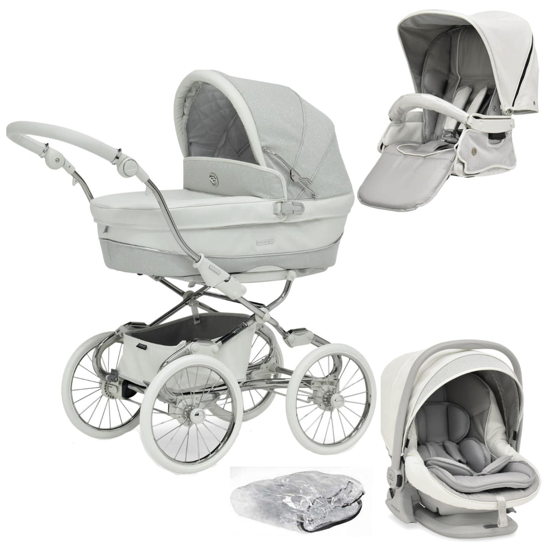 Bebecar Prive Stylo Class+ Pram + i-Size Car Seat Travel System + Raincover + FREE Changing Bag, White Sparkle