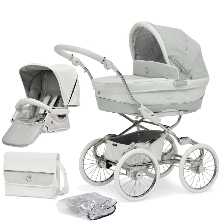 Bebecar Prive Stylo Class+ 2 in 1 Pram + Raincover, FREE Changing Bag, White Sparkle