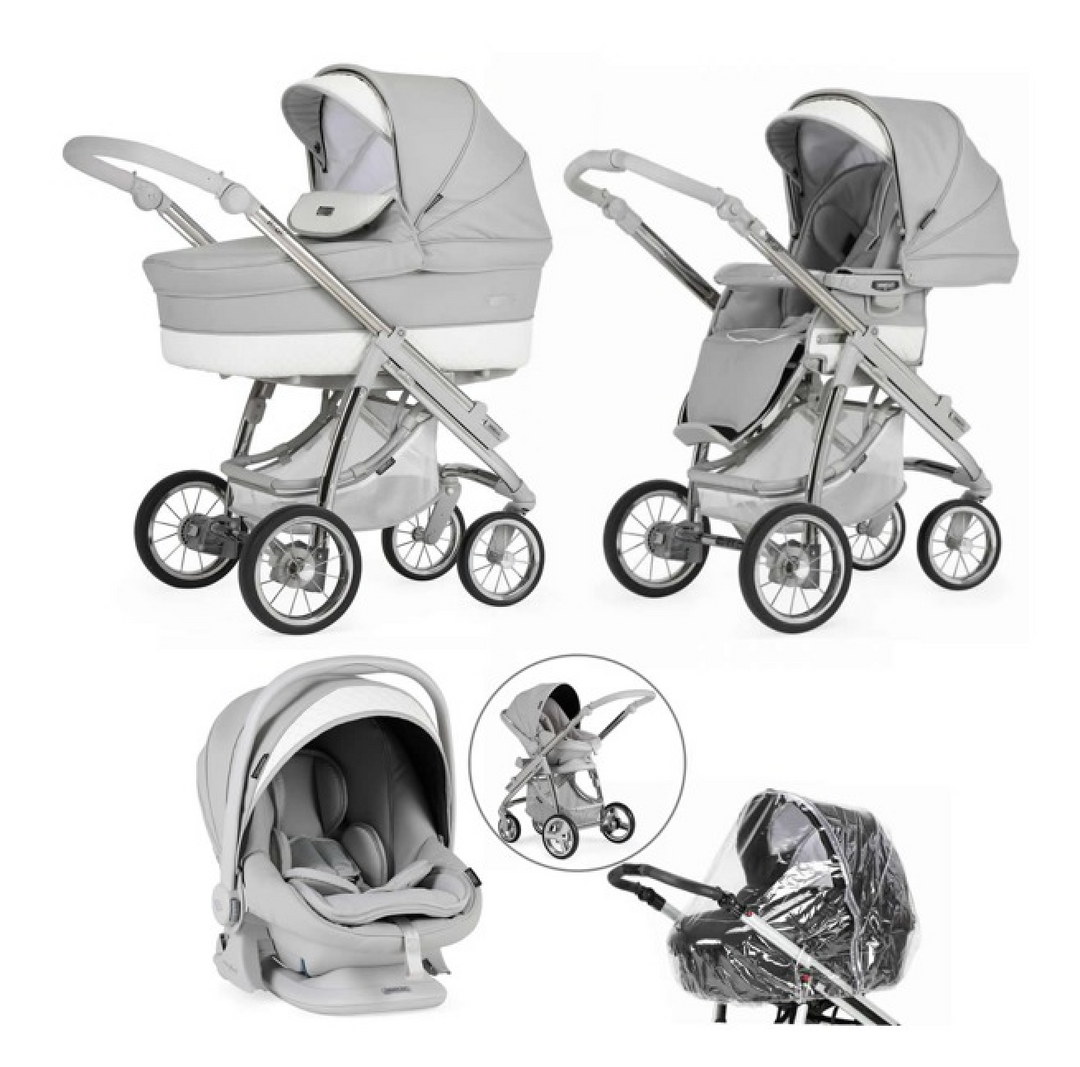 Bebecar Ip-Op Classic XL Trio 3 in 1 Travel System + Lie Flat Car Seat + FREE Changing Bag, Silver Grey