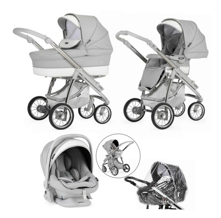 Bebecar Ip-Op Classic XL Trio 3 in 1 Travel System + Lie Flat Car Seat + FREE Changing Bag, Silver Grey