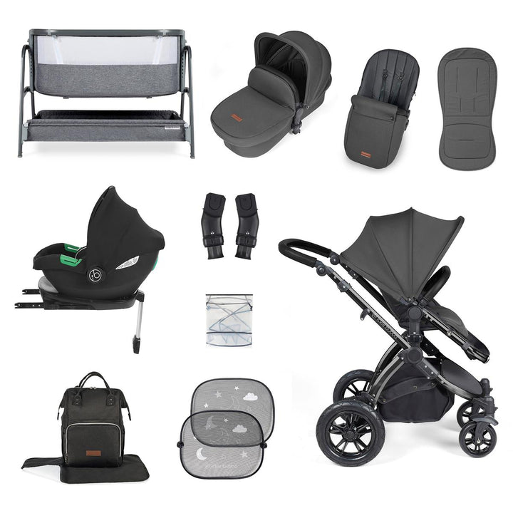 Ickle Bubba Stomp Luxe i-Size Cirrus Travel System & Home 14 Piece Bundle, Charcoal Grey/Black