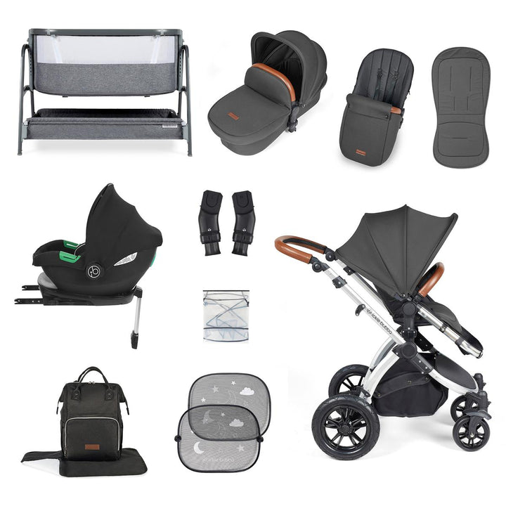 Ickle Bubba Stomp Luxe i-Size Cirrus Travel System & Home 14 Piece Bundle, Charcoal Grey/Silver