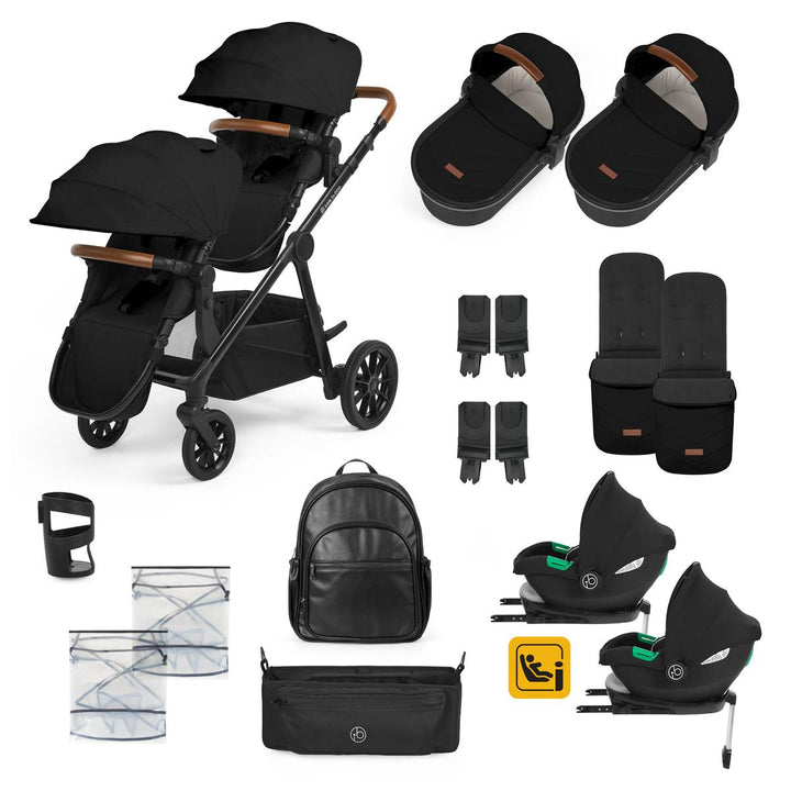 Ickle Bubba Virgo Twin 18 Piece Travel System with i-Size Cirrus Car Seats & Isofix Bases, Black