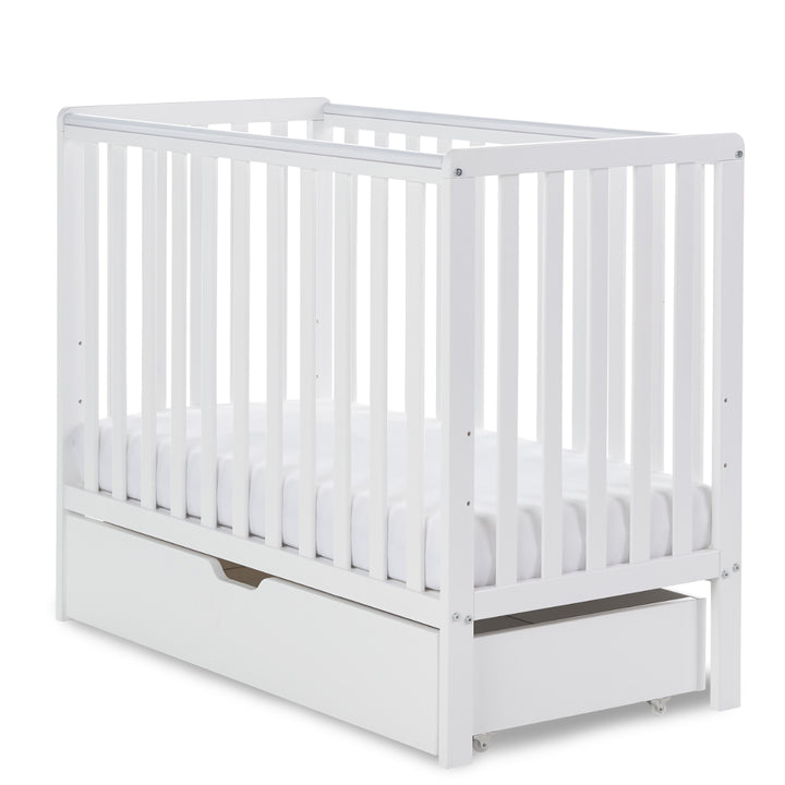 Obaby Bantam Space Saver Cot + Under Drawer + Fibre Mattress, White