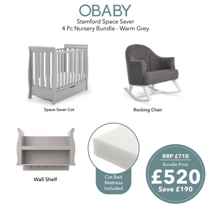 Obaby Stamford Space Saver 4 Piece Nursery Bundle in Warm Grey with cot, chair, wall shelf and mattress