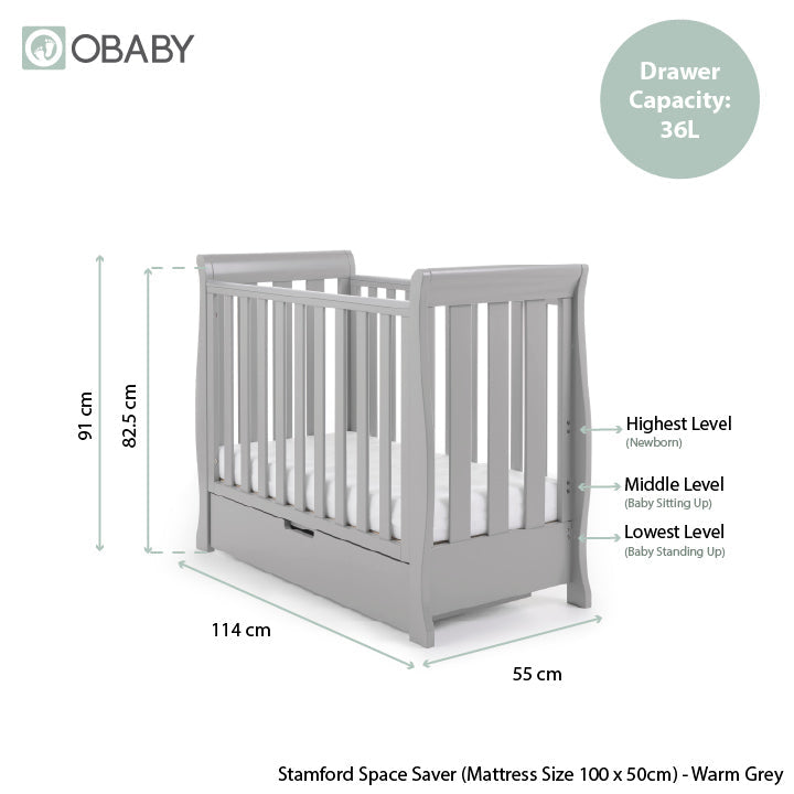 Obaby Stamford Space Saver Sleigh Cot Warm Grey dimensions