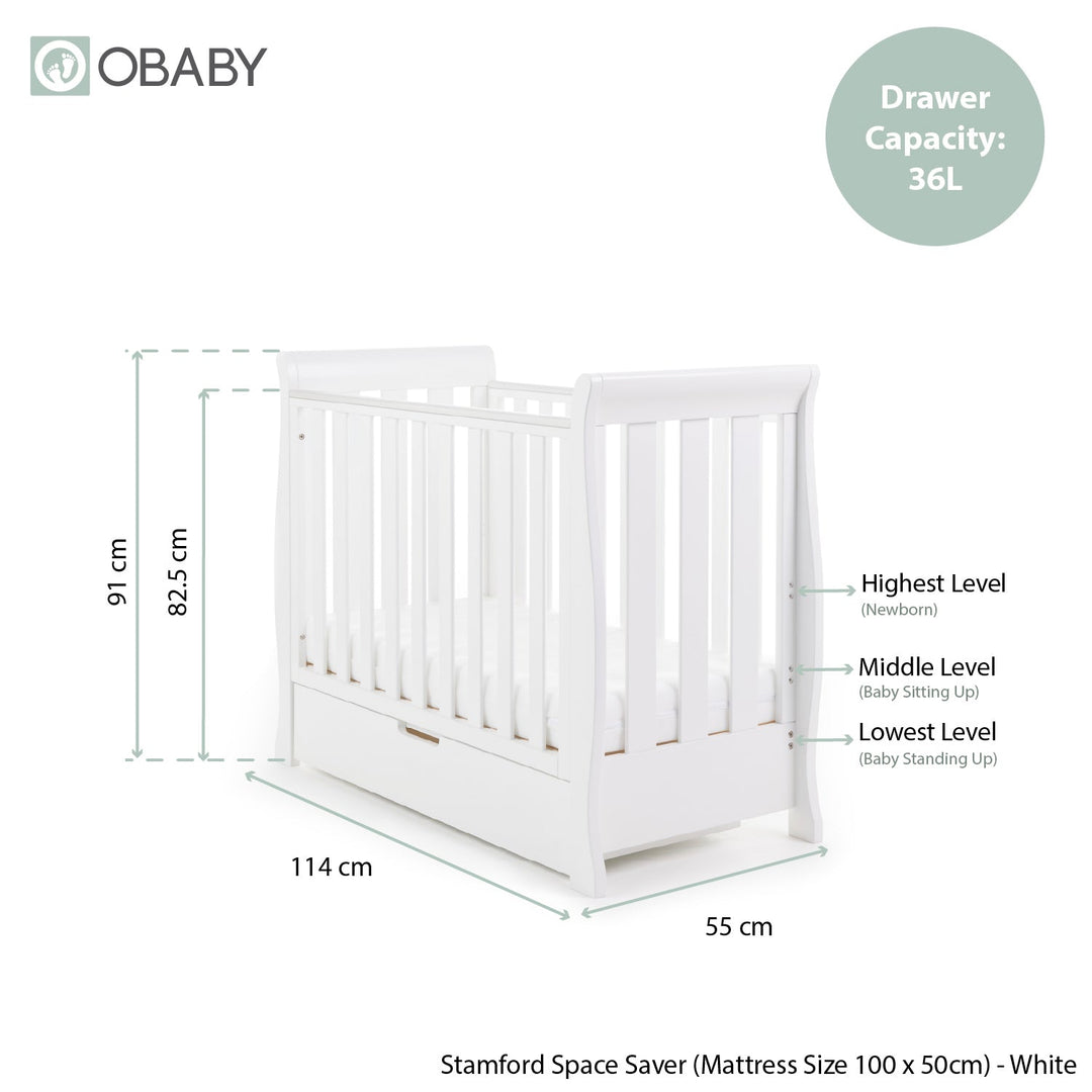 Obaby Stamford Space Saver Sleigh Cot White dimensions