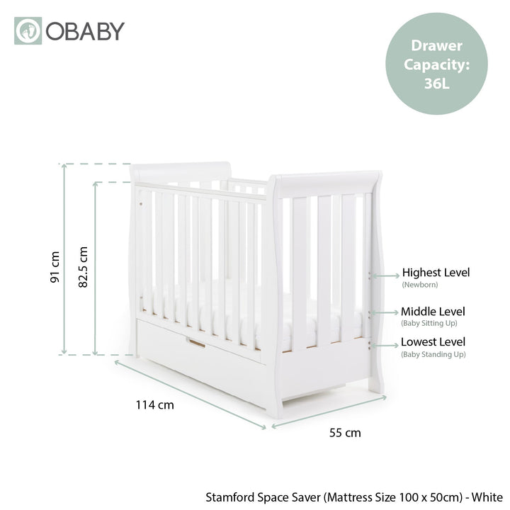 Obaby Stamford Space Saver Sleigh Cot White dimensions