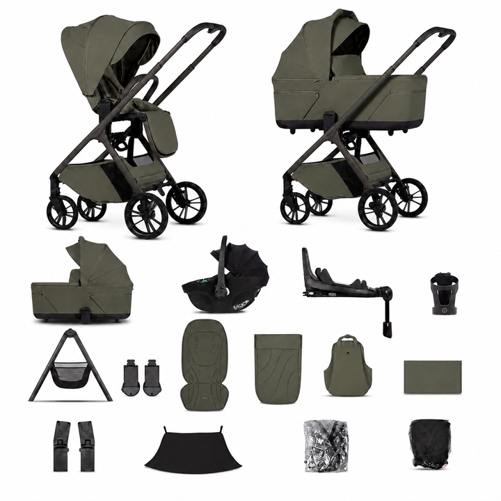 Venicci Tila - 3 in 1 + Base Ultimate Travel System Bundle - 16 Piece, Olive complete bundle