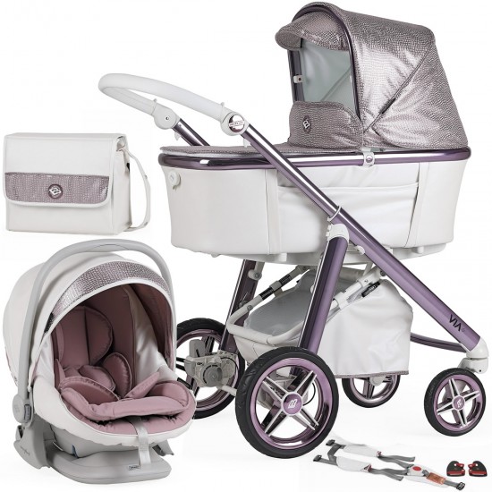 Bebecar Prive Via+ 3 in 1 Travel System + Lie Flat Car Seat + Raincover, LA3 Kit & FREE Bag, Diamond Pink