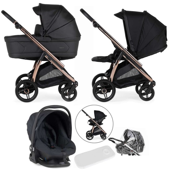 Bebecar Flowy Trio 3 in 1 Travel System + Raincover, Black / Rose