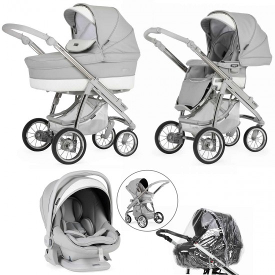 Bebecar Ip-Op Classic XL Trio 3 in 1 Travel System + Lie Flat Car Seat & Raincover, Silver Grey